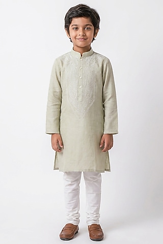 Pistachio Green Cotton Silk Chikankari Embroidered Kurta Set For Boys by Ankit V kapoor Kids