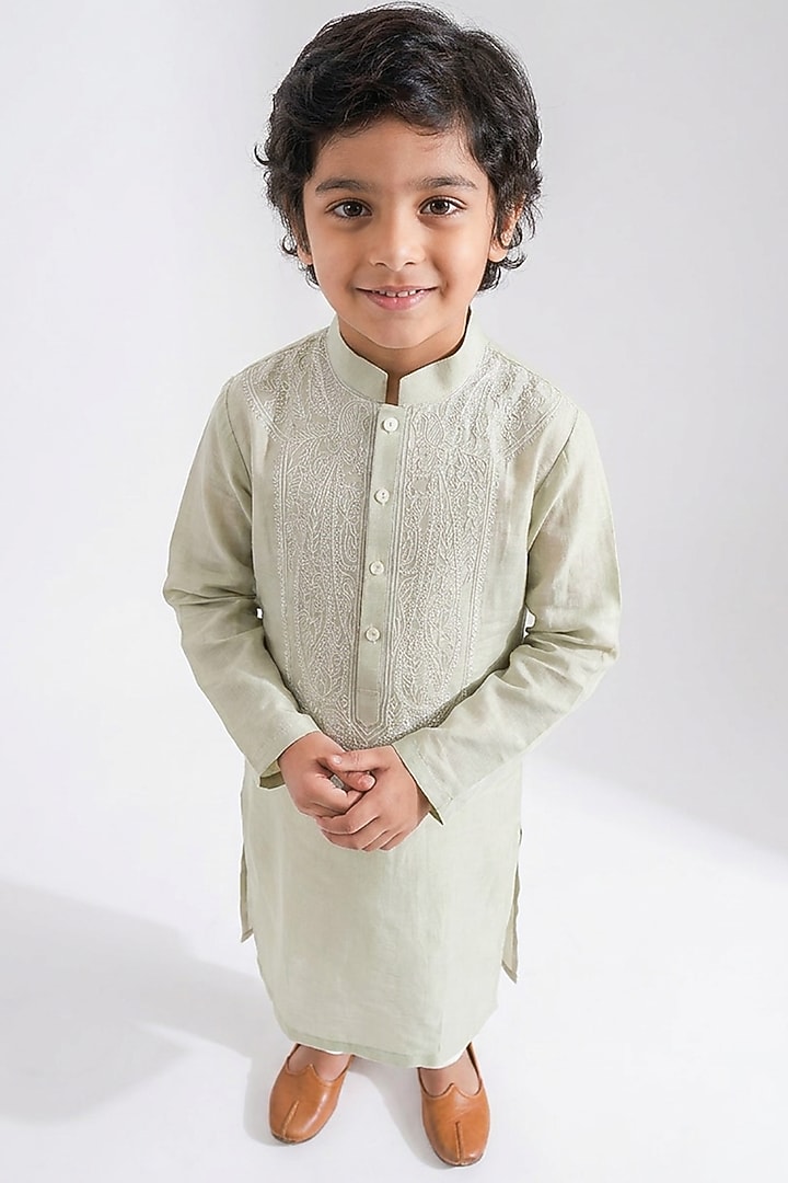 Pistachio Green Cotton Silk Chikankari Embroidered Kurta Set For Boys by Ankit V kapoor Kids at Pernia's Pop Up Shop