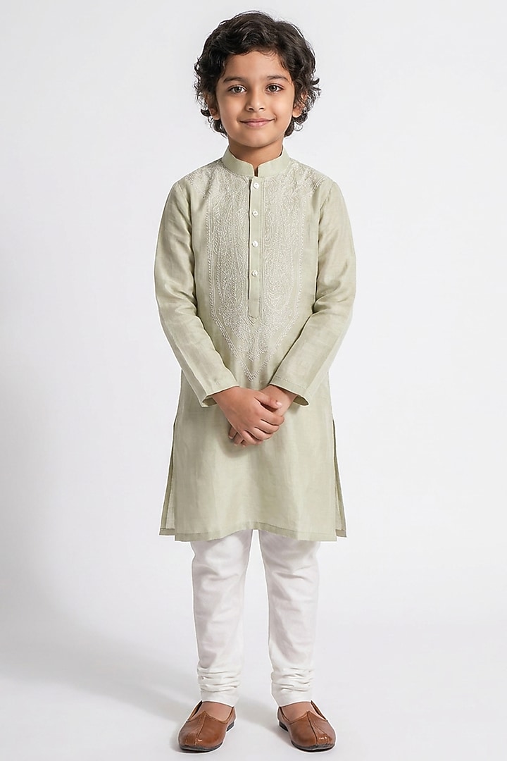 Pistachio Green Cotton Silk Chikankari Embroidered Kurta Set For Boys by Ankit V kapoor Kids at Pernia's Pop Up Shop