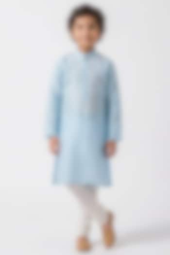 Sky Blue Silk Floral Chikankari Embroidered Kurta Set For Boys by Ankit V kapoor Kids at Pernia's Pop Up Shop