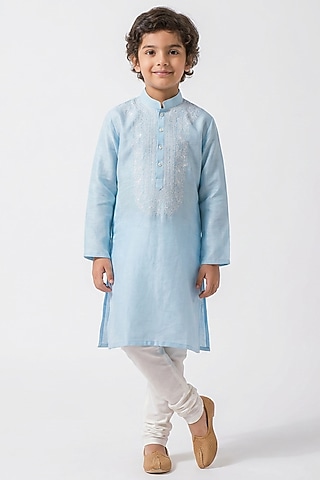 Sky Blue Silk Floral Chikankari Embroidered Kurta Set For Boys by Ankit V kapoor Kids