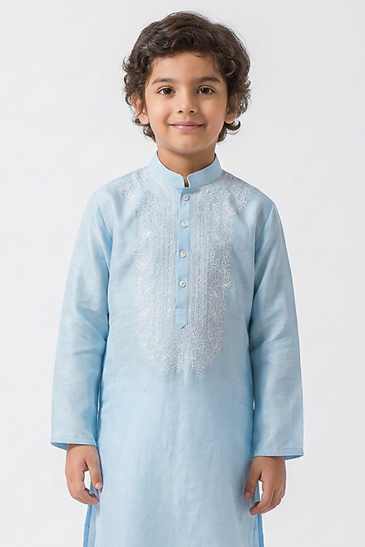 Sky Blue Silk Floral Chikankari Embroidered Kurta Set For Boys by Ankit V kapoor Kids at Pernia's Pop Up Shop