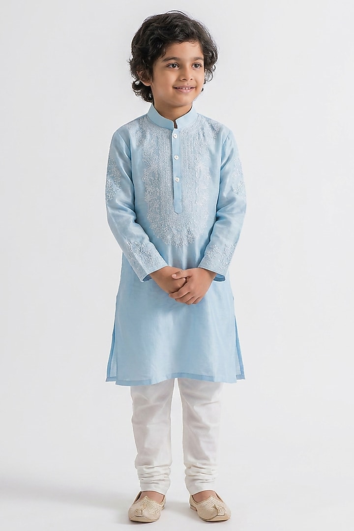 Sky Blue Silk Floral Chikankari Embroidered Kurta Set For Boys by Ankit V kapoor Kids at Pernia's Pop Up Shop