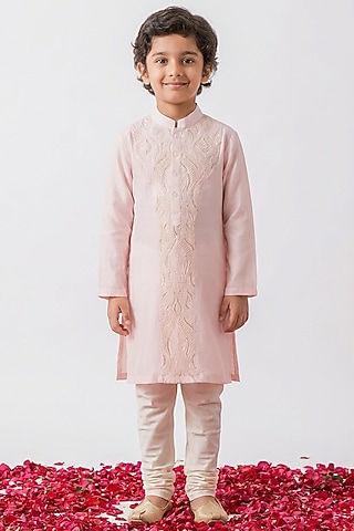 Blush Pink Silk Thread Embroidered Kurta Set For Boys by Ankit V kapoor Kids