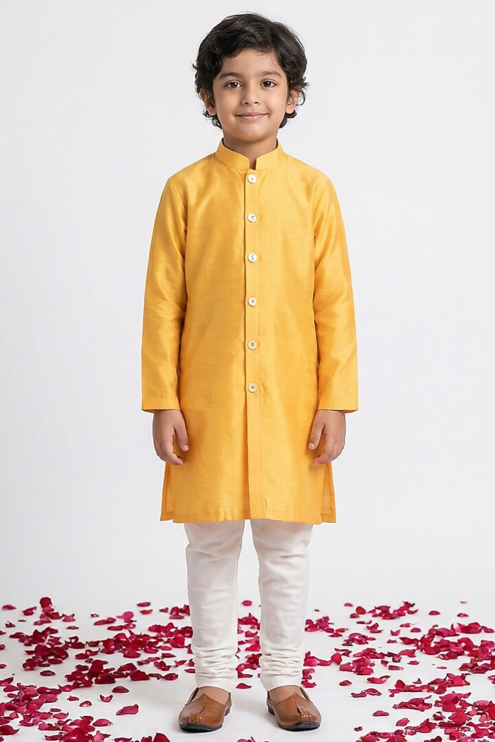 Mustard Silk Kurta Set For Boys by Ankit V kapoor Kids at Pernia's Pop Up Shop