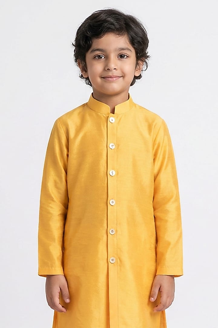 Mustard Silk Kurta Set For Boys by Ankit V kapoor Kids at Pernia's Pop Up Shop