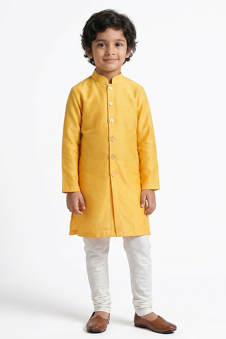 Mustard Silk Kurta Set For Boys by Ankit V kapoor Kids at Pernia's Pop Up Shop