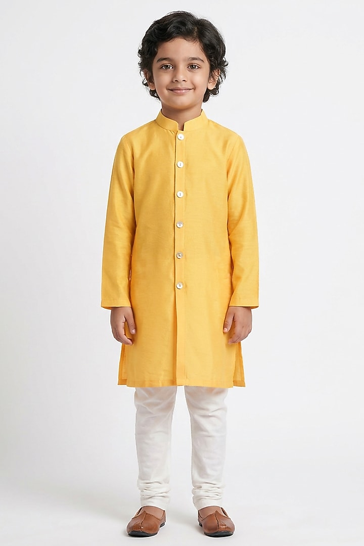 Mustard Silk Kurta Set For Boys by Ankit V kapoor Kids at Pernia's Pop Up Shop