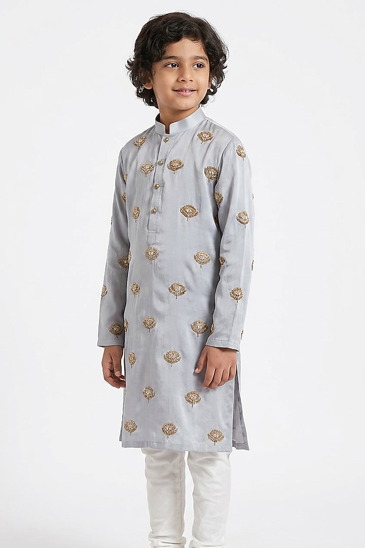 Grey Silk Zardosi Embroidered Kurta Set For Boys by Ankit V kapoor Kids at Pernia's Pop Up Shop
