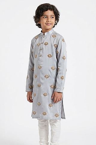 Grey Silk Zardosi Embroidered Kurta Set For Boys by Ankit V kapoor Kids
