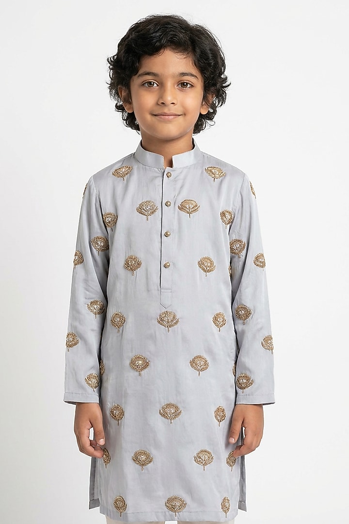 Grey Silk Zardosi Embroidered Kurta Set For Boys by Ankit V kapoor Kids at Pernia's Pop Up Shop