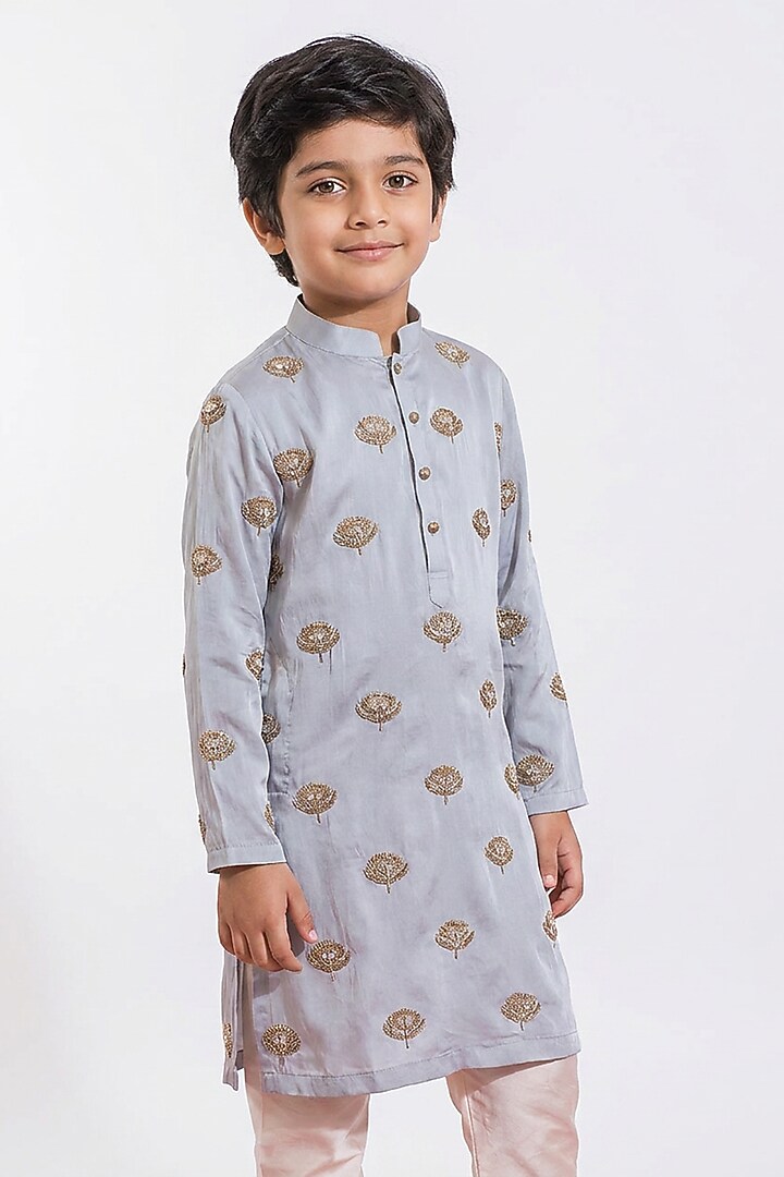 Grey Silk Zardosi Embroidered Kurta Set For Boys by Ankit V kapoor Kids at Pernia's Pop Up Shop