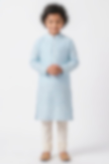 Sky Blue Ombre Cotton Chikankari Embroidered Kurta Set For Boys by Ankit V kapoor Kids at Pernia's Pop Up Shop