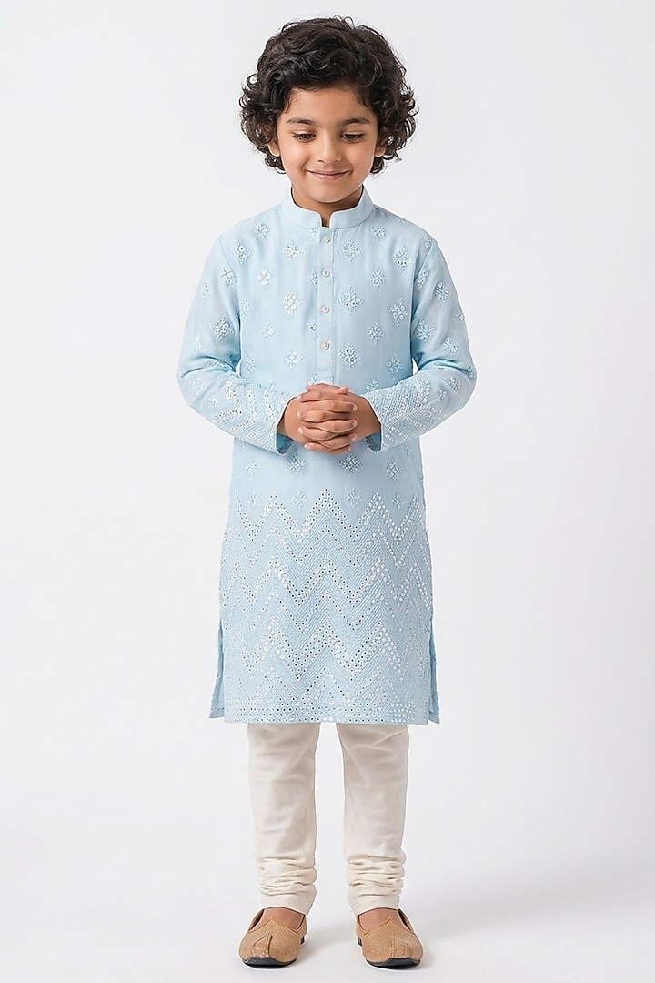 Sky Blue Ombre Cotton Chikankari Embroidered Kurta Set For Boys by Ankit V kapoor Kids at Pernia's Pop Up Shop