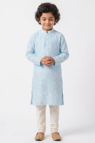 Sky Blue Ombre Cotton Chikankari Embroidered Kurta Set For Boys by Ankit V kapoor Kids
