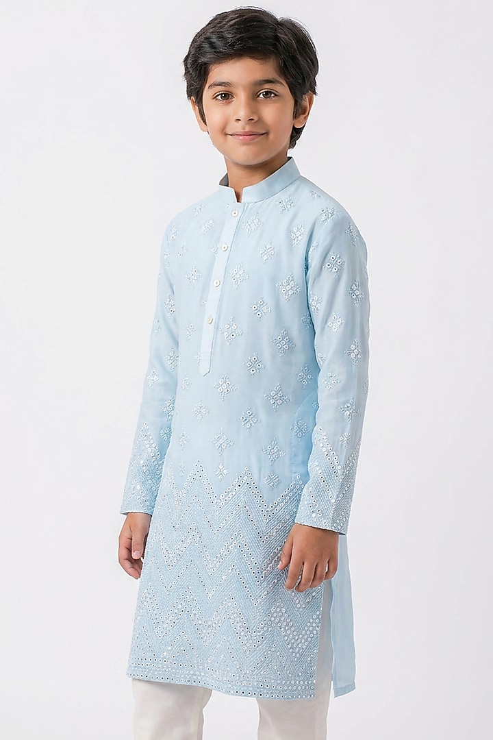 Sky Blue Ombre Cotton Chikankari Embroidered Kurta Set For Boys by Ankit V kapoor Kids at Pernia's Pop Up Shop