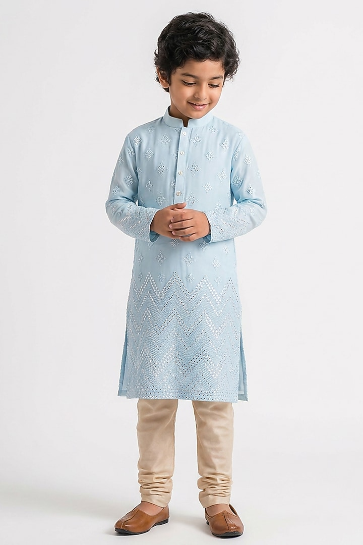 Sky Blue Ombre Cotton Chikankari Embroidered Kurta Set For Boys by Ankit V kapoor Kids at Pernia's Pop Up Shop