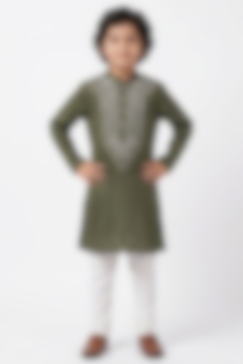 Olive Green Silk Chikankari Embroidered Kurta Set For Boys by Ankit V kapoor Kids at Pernia's Pop Up Shop
