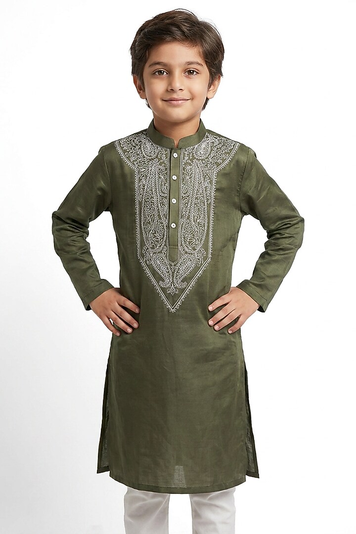 Olive Green Silk Chikankari Embroidered Kurta Set For Boys by Ankit V kapoor Kids at Pernia's Pop Up Shop