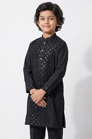 Black Cotton Silk Chikankari Embroidered Kurta Set For Boys by Ankit V kapoor Kids