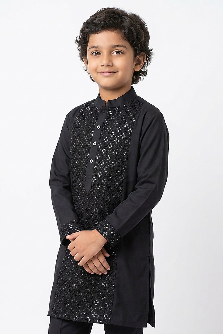 Black Cotton Silk Chikankari Embroidered Kurta Set For Boys by Ankit V kapoor Kids at Pernia's Pop Up Shop