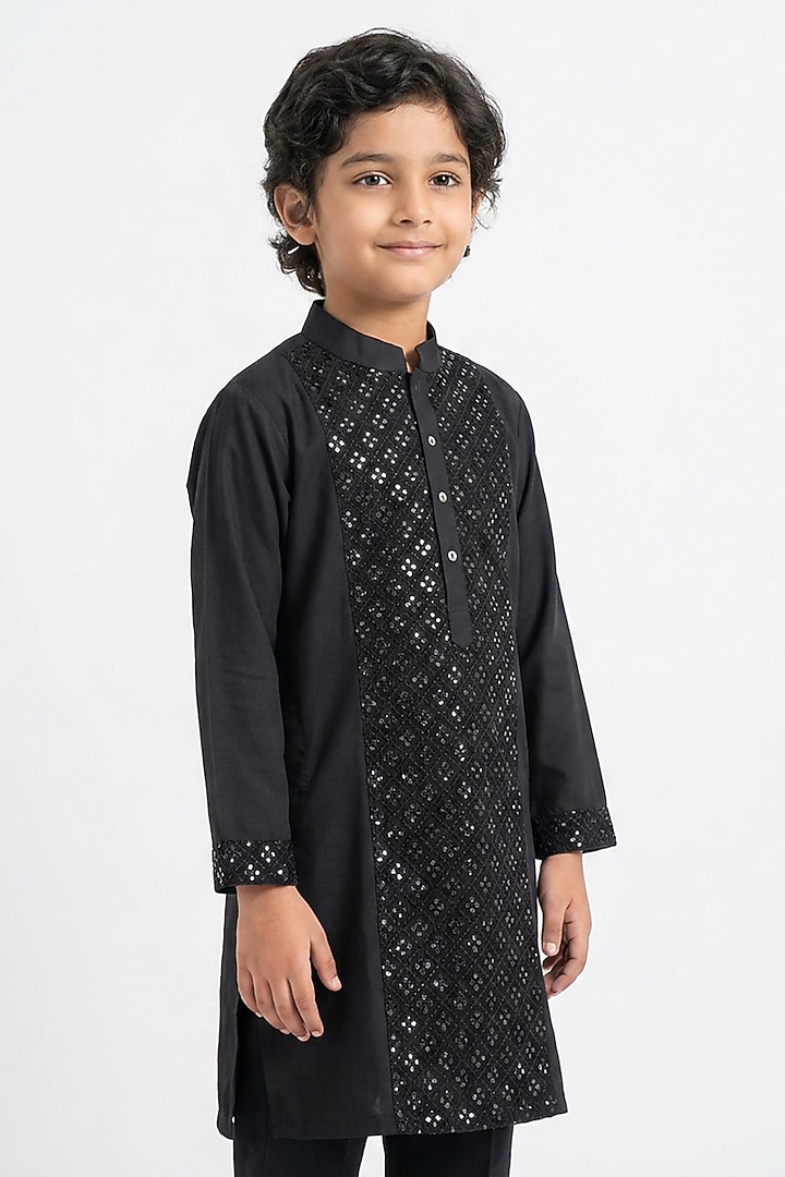 Black Cotton Silk Chikankari Embroidered Kurta Set For Boys by Ankit V kapoor Kids at Pernia's Pop Up Shop