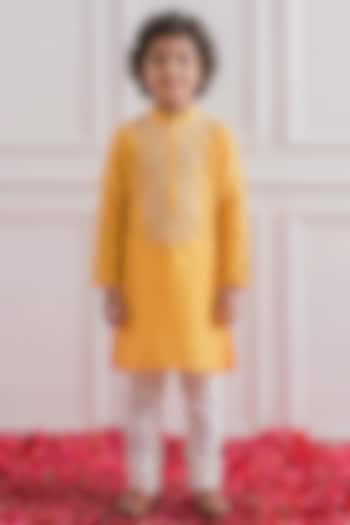 Marigold Yellow Cotton Silk Floral Embroidered Kurta Set For Boys by Ankit V kapoor Kids at Pernia's Pop Up Shop