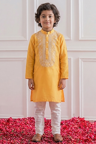 Marigold Yellow Cotton Silk Floral Embroidered Kurta Set For Boys by Ankit V kapoor Kids