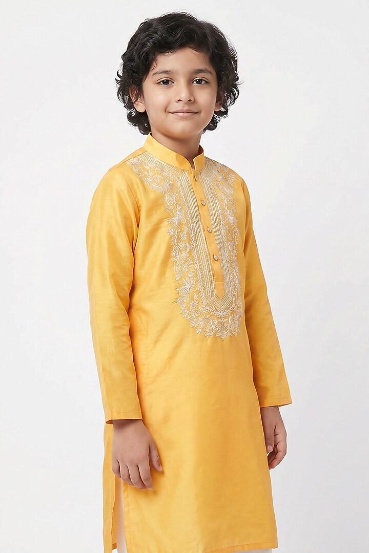 Marigold Yellow Cotton Silk Floral Embroidered Kurta Set For Boys by Ankit V kapoor Kids at Pernia's Pop Up Shop