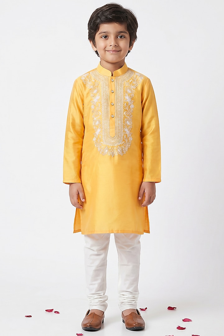 Marigold Yellow Cotton Silk Floral Embroidered Kurta Set For Boys by Ankit V kapoor Kids at Pernia's Pop Up Shop