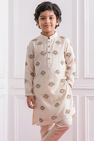 Cream Silk Zardosi Embroidered Kurta Set For Boys by Ankit V kapoor Kids