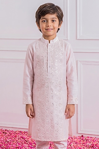 Blush Pink Silk Mirror Embroidered Kurta Set For Boys by Ankit V kapoor Kids