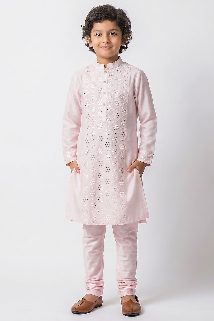 Blush Pink Silk Mirror Embroidered Kurta Set For Boys by Ankit V kapoor Kids at Pernia's Pop Up Shop