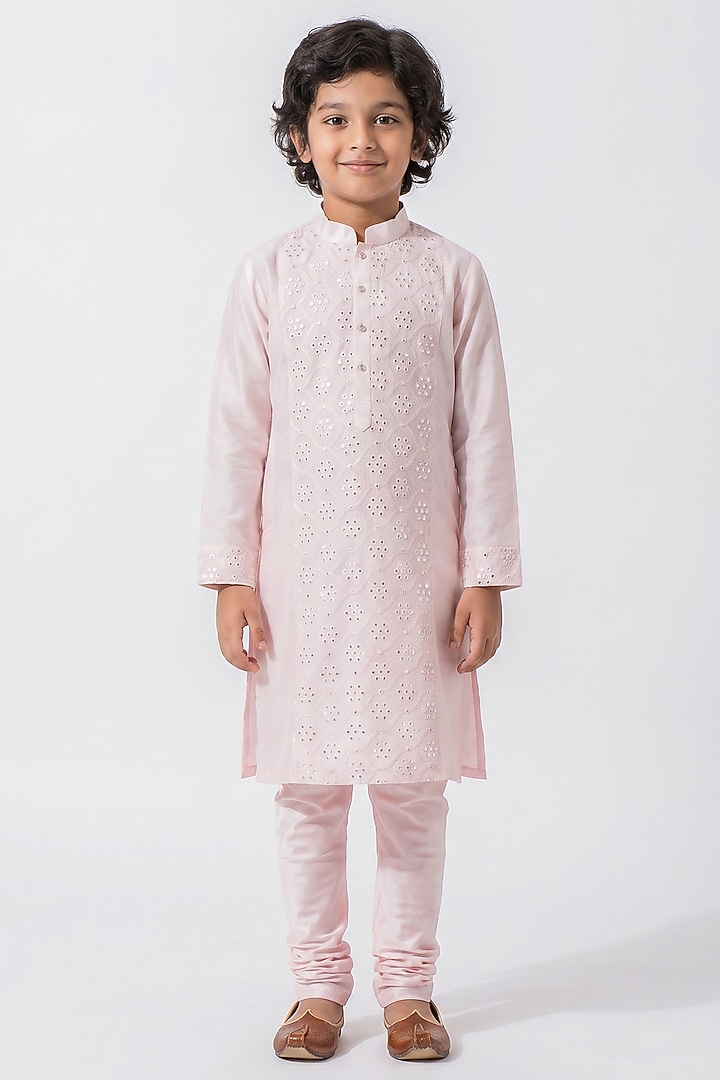 Blush Pink Silk Mirror Embroidered Kurta Set For Boys by Ankit V kapoor Kids at Pernia's Pop Up Shop
