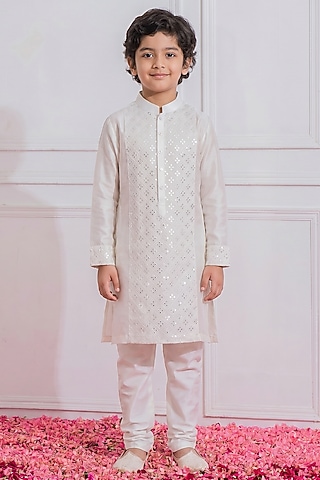 Off-White Silk Mirror Embroidered Kurta Set For Boys by Ankit V kapoor Kids