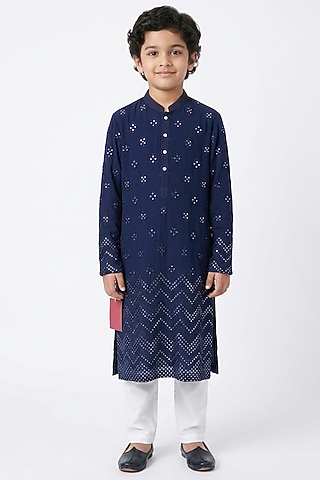 Navy Blue Cotton Chikankari Embroidered Kurta Set For Boys by Ankit V kapoor Kids