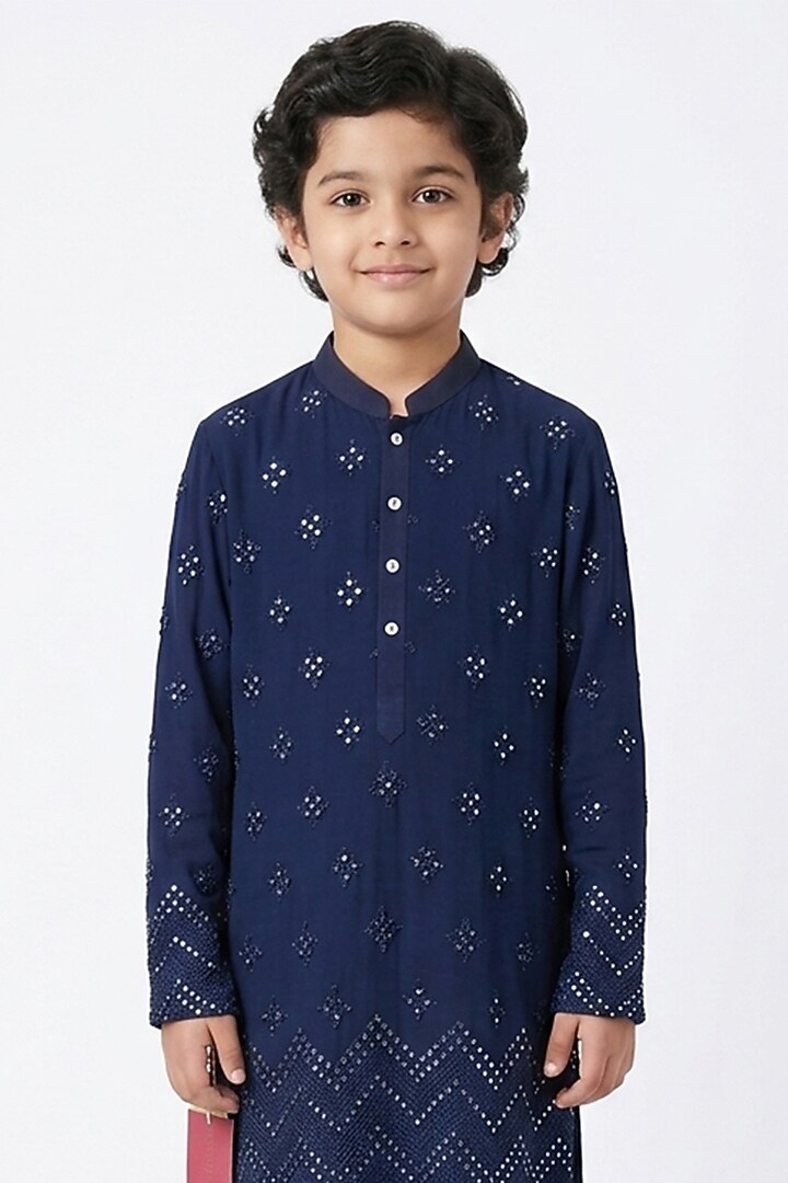 Navy Blue Cotton Chikankari Embroidered Kurta Set For Boys by Ankit V kapoor Kids at Pernia's Pop Up Shop