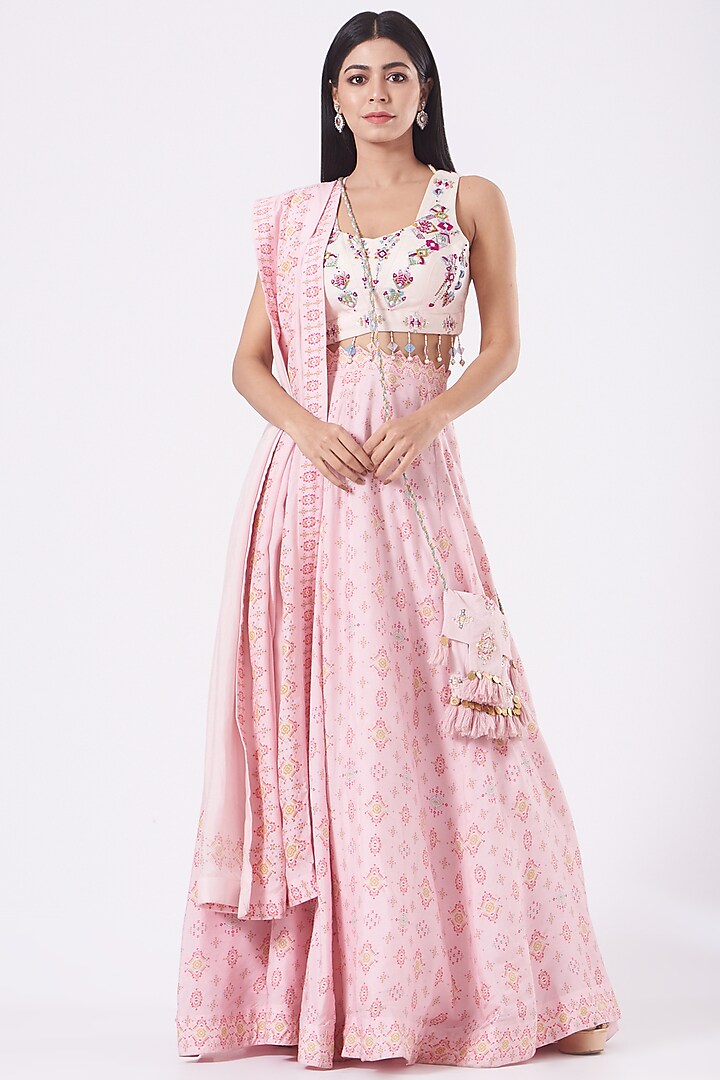 Blush Pink Hand Embroidered & Printed Wedding Lehenga Set by Ankur J at Pernia's Pop Up Shop