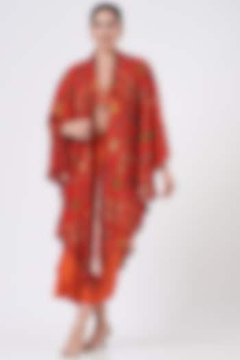Blaze Orange Printed Cape Set by Ankur J at Pernia's Pop Up Shop