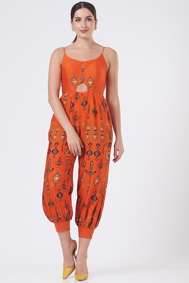 Blaze Orange Printed Jumpsuit by Ankur J