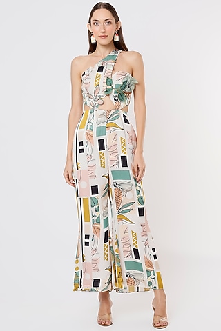 Off White Printed Jumpsuit by Ankur J