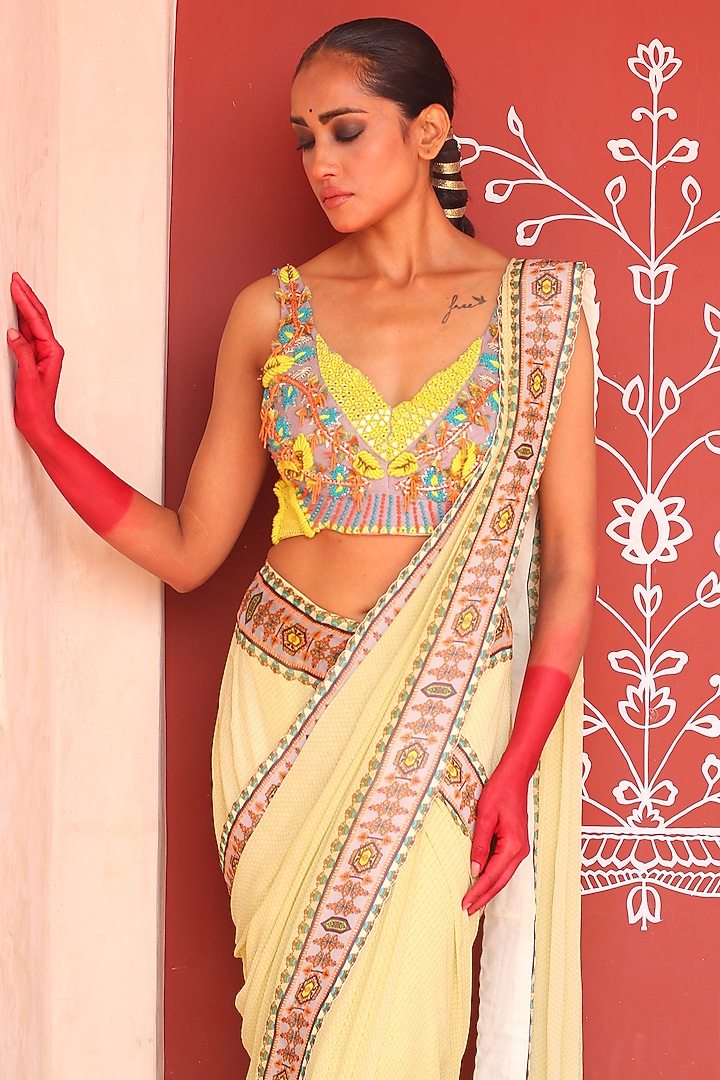 Pale Gold Crepe Printed Draped Wedding Saree Set by Ankur J at Pernia's Pop Up Shop