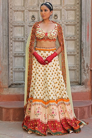 Multi-Colored Crepe Printed Lehenga Set by Ankur J