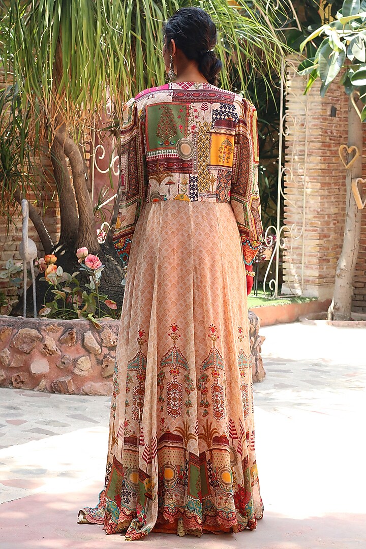 Beige Georgette Printed Overlay Jacket Set by Ankur J at Pernia's Pop Up Shop