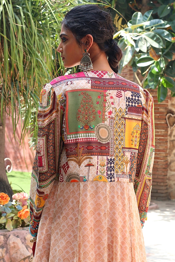 Beige Georgette Printed Overlay Jacket Set by Ankur J at Pernia's Pop Up Shop