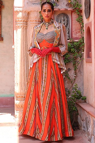 Ash Grey Georgette Jacket Lehenga Set by Ankur J