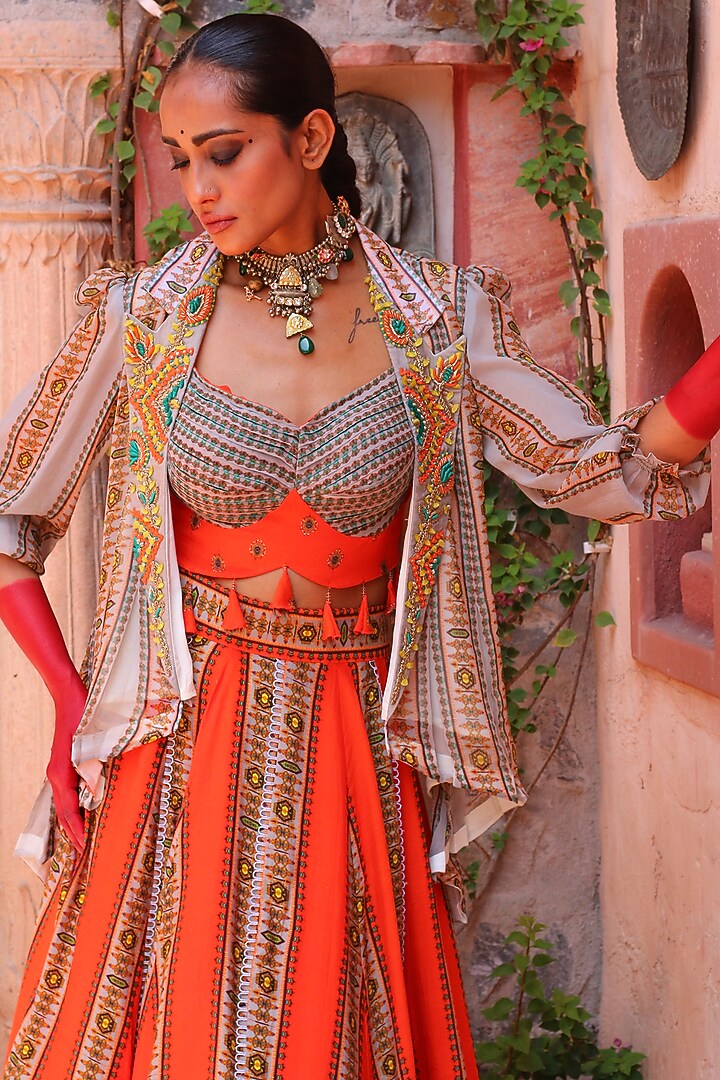 Ash Grey Georgette Jacket Wedding Lehenga Set by Ankur J at Pernia's Pop Up Shop