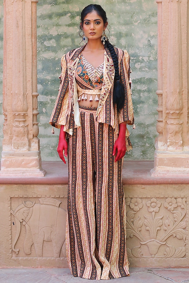 Multi-Colored Cotton Silk Overlay Jacket Set by Ankur J