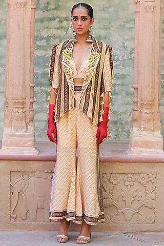 Beige Cotton Silk Overlay Jacket Set by Ankur J