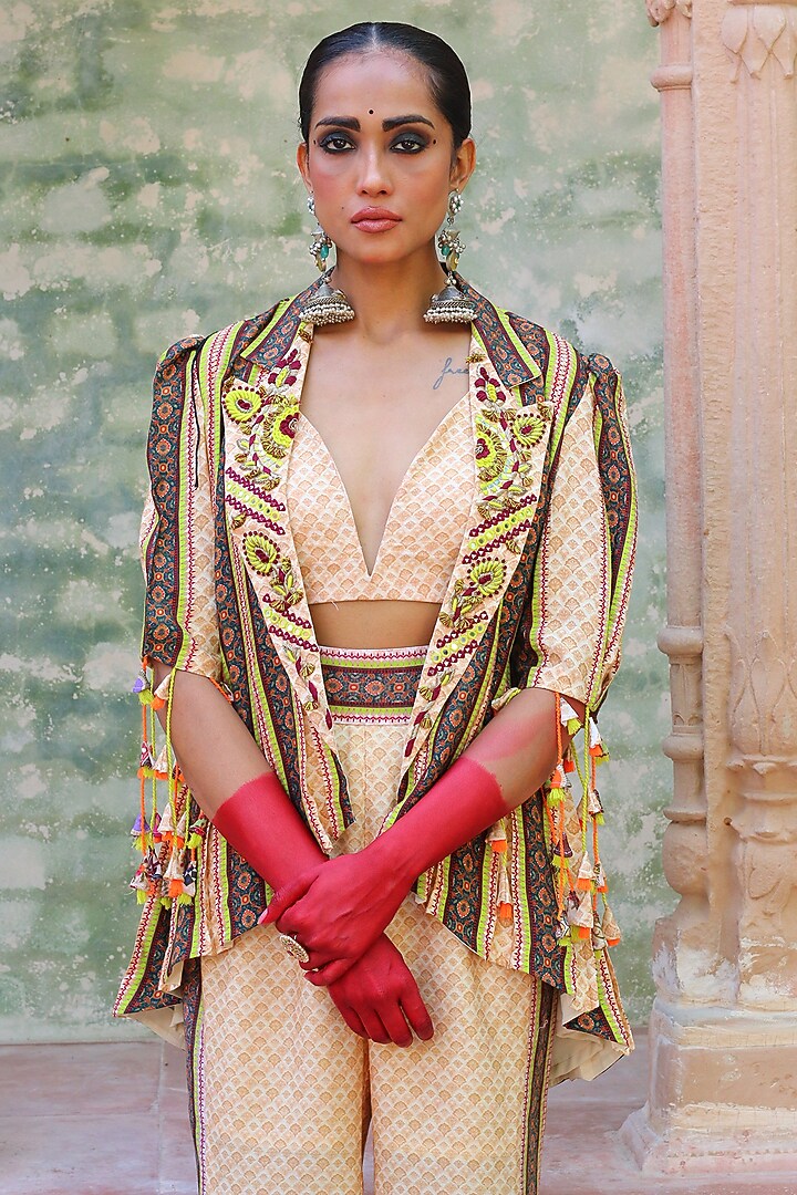 Beige Cotton Silk Overlay Jacket Set by Ankur J at Pernia's Pop Up Shop